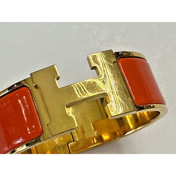 Hermès ORANGE Enamel Gold Plated Clic Clac H bracelet Medium w/ box - Picture 4 of 16